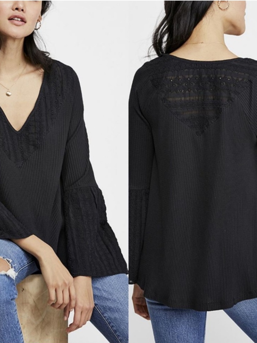 Free People Parisian Nights Black Lace-Trim V-Neck Long Sleeve Blouse Top Boho